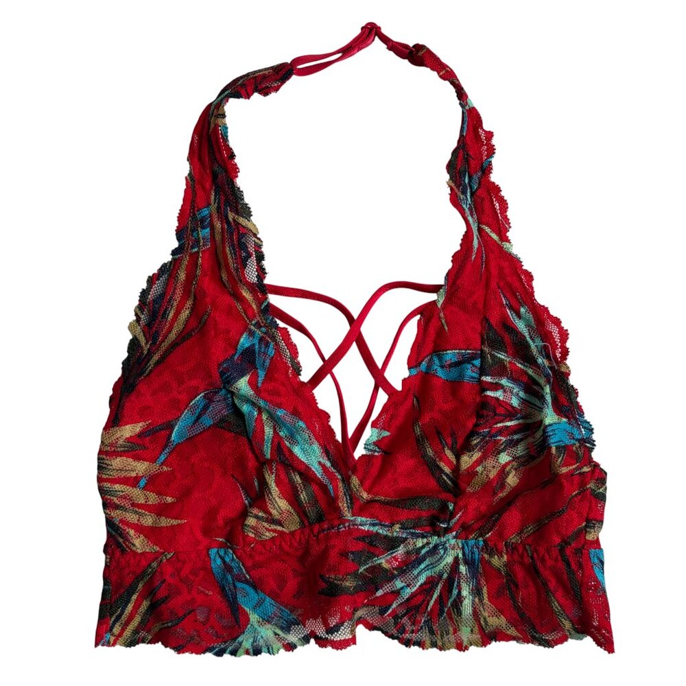 PINK by Victoria's Secret Lace Cross-Front Halter Bralette (Red Tropical Print)